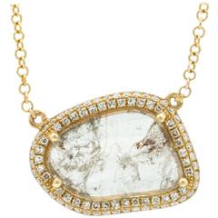 Contemporary Yellow Gold Pave Diamond Slice Pendant Chain Necklace