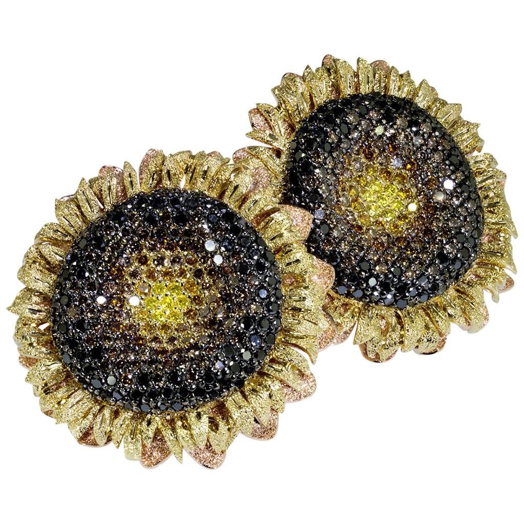 Alex Soldier Diamond Gold Textured Sunflower Earrings