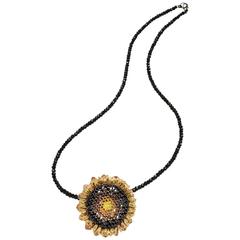 Color Diamond Gold Sunflower Pendant Brooch on Black Spinel Strand 12