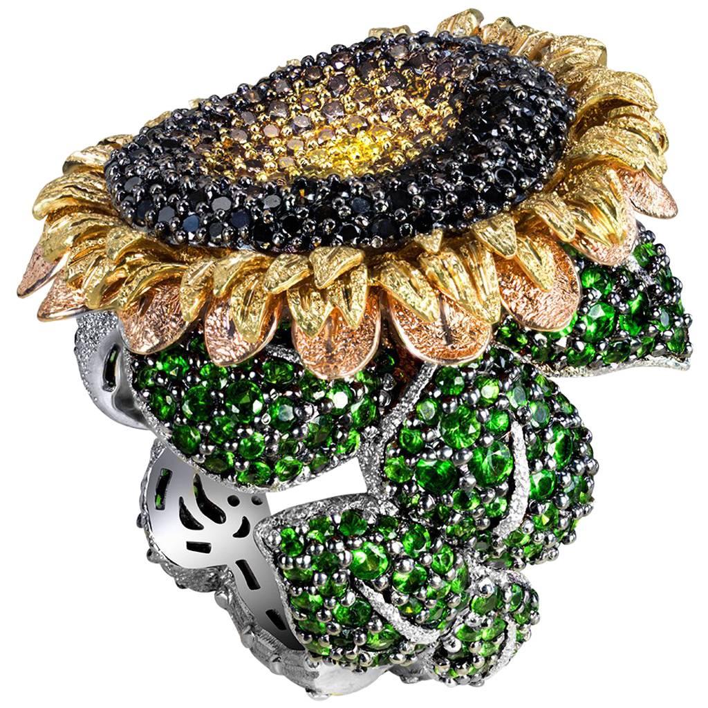 Alex Soldier Diamond Tsavorite Garnet Gold Sunflower Ring