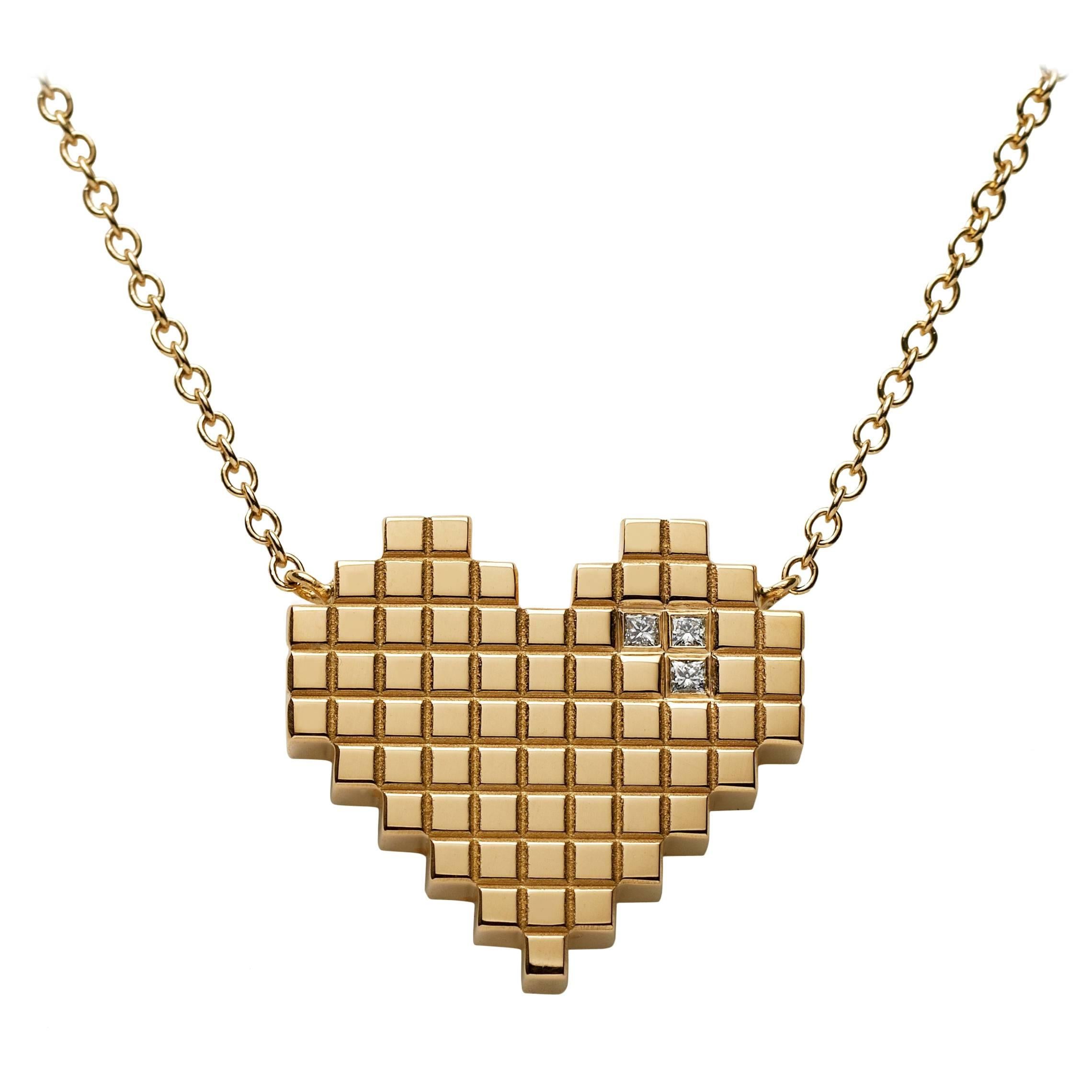 Francesca Grima Diamond Yellow Gold Pixel Heart Necklace For Sale
