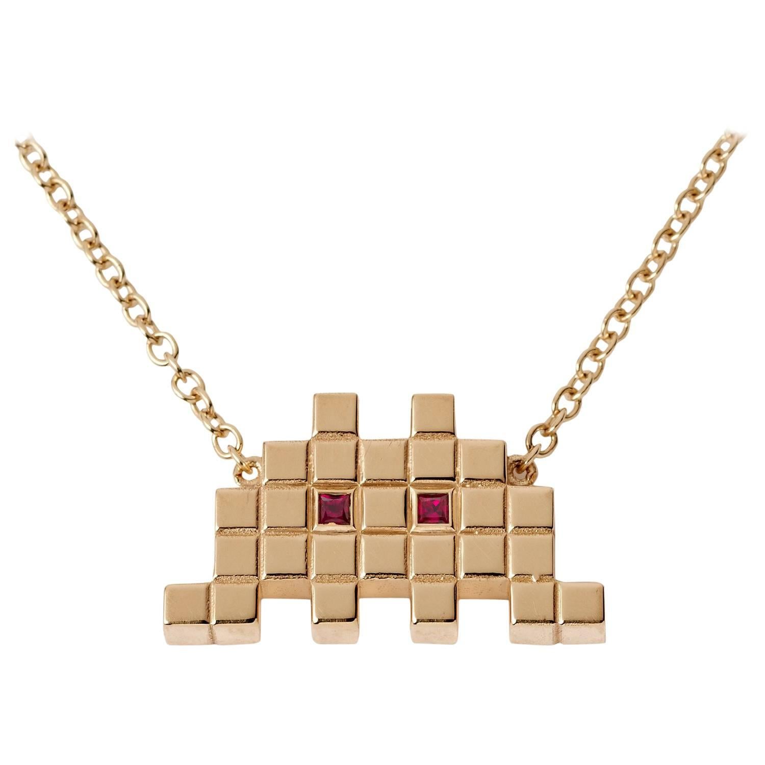 Francesca Grima Invader I Necklace in Yellow Gold and Rubies For Sale