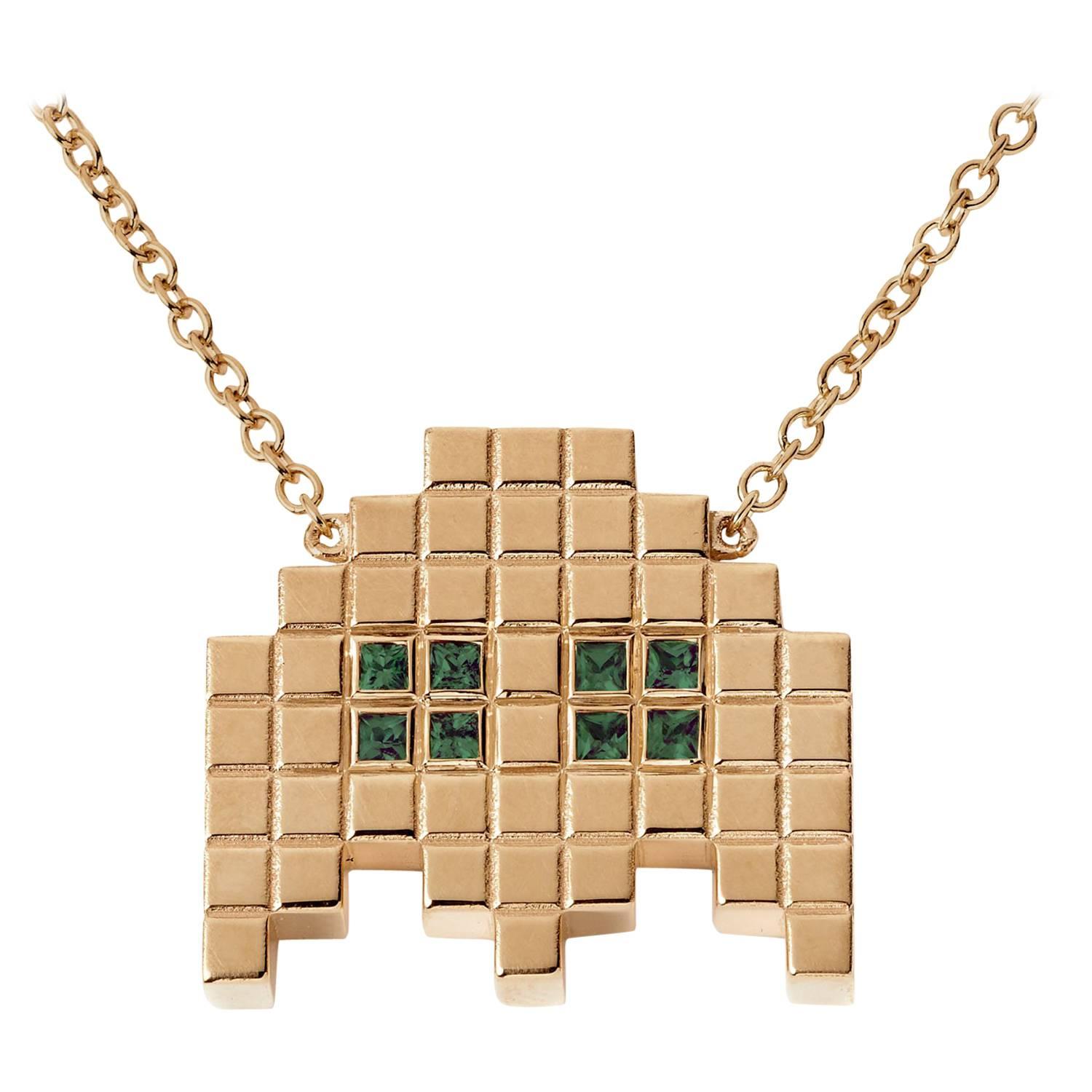 Francesca Grima Yellow Gold and Emerald Invader II Necklace