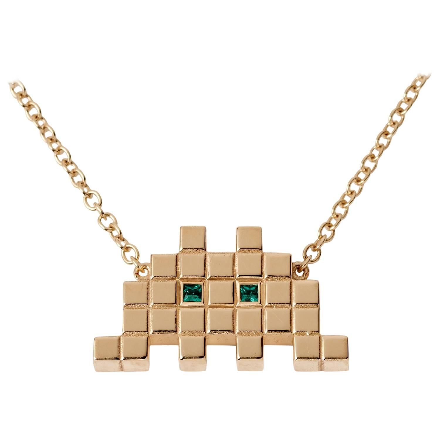 Francesca Grima Yellow Gold and Emerald Invader I Necklace