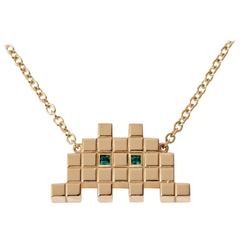 Francesca Grima Yellow Gold and Emerald Invader I Necklace