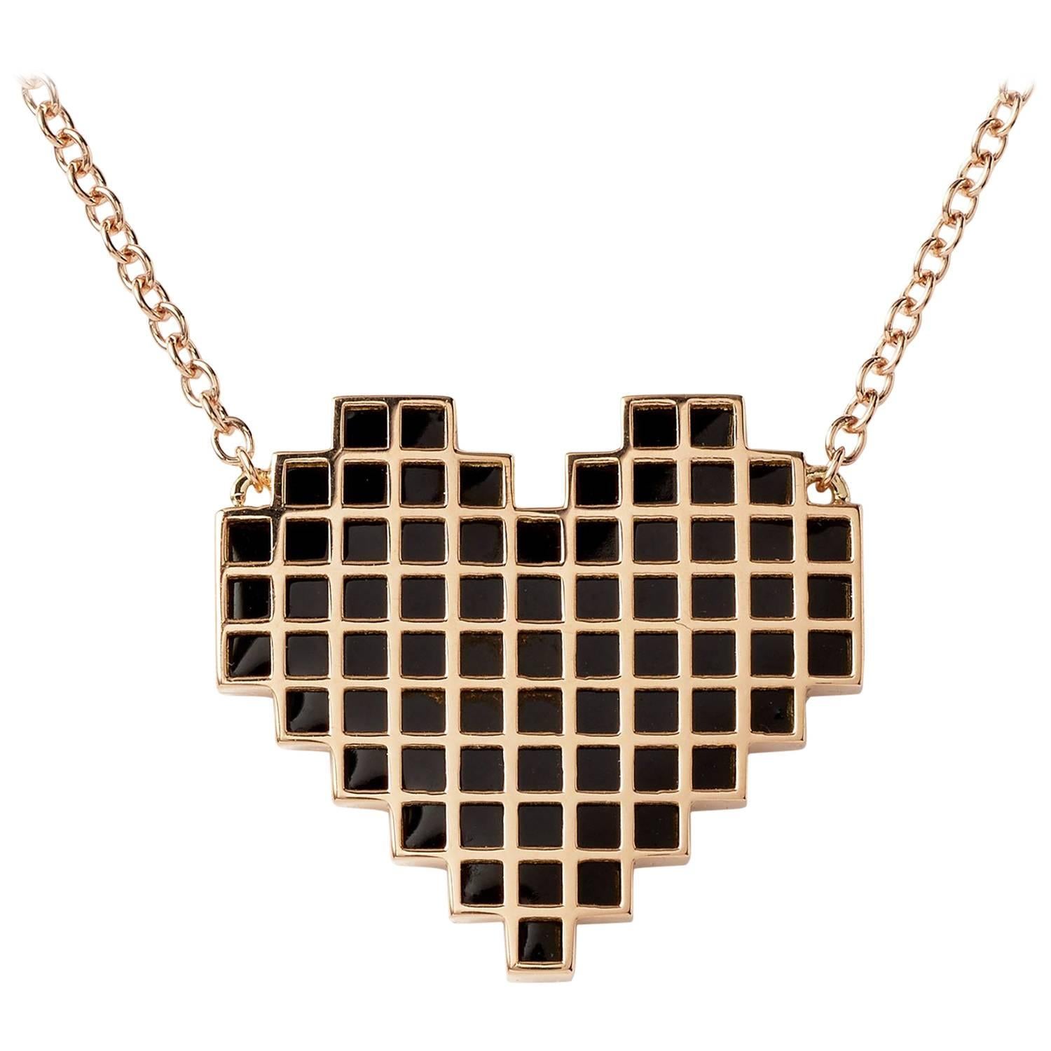 Francesca Grima Rose Gold Reversible Pixel Heart Necklace in Carbon Snow Enamel For Sale
