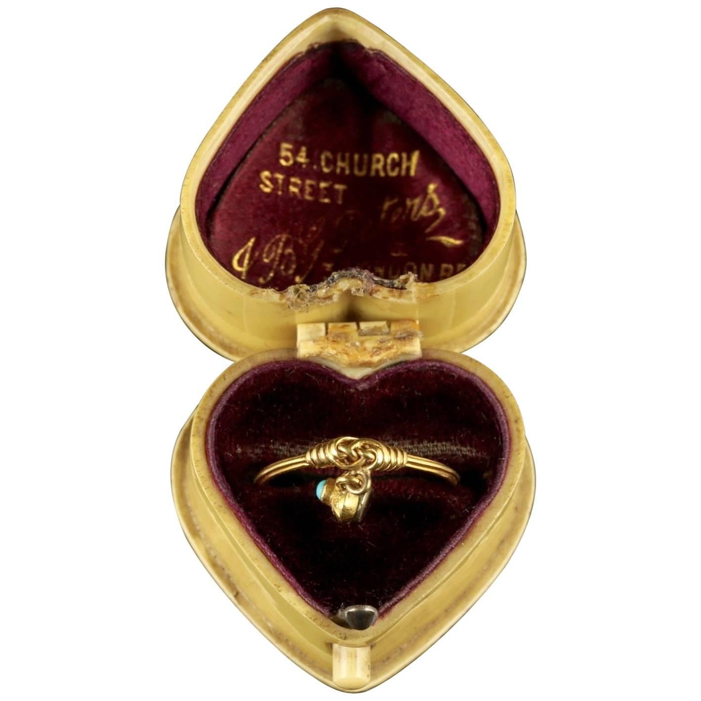 Georgian Gold Heart Dropper Ring Turquoise in a Heart Box, circa 1780