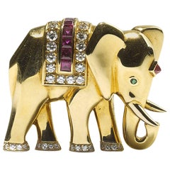 Cartier Emerald Ruby Diamond Gold Elephant Brooch
