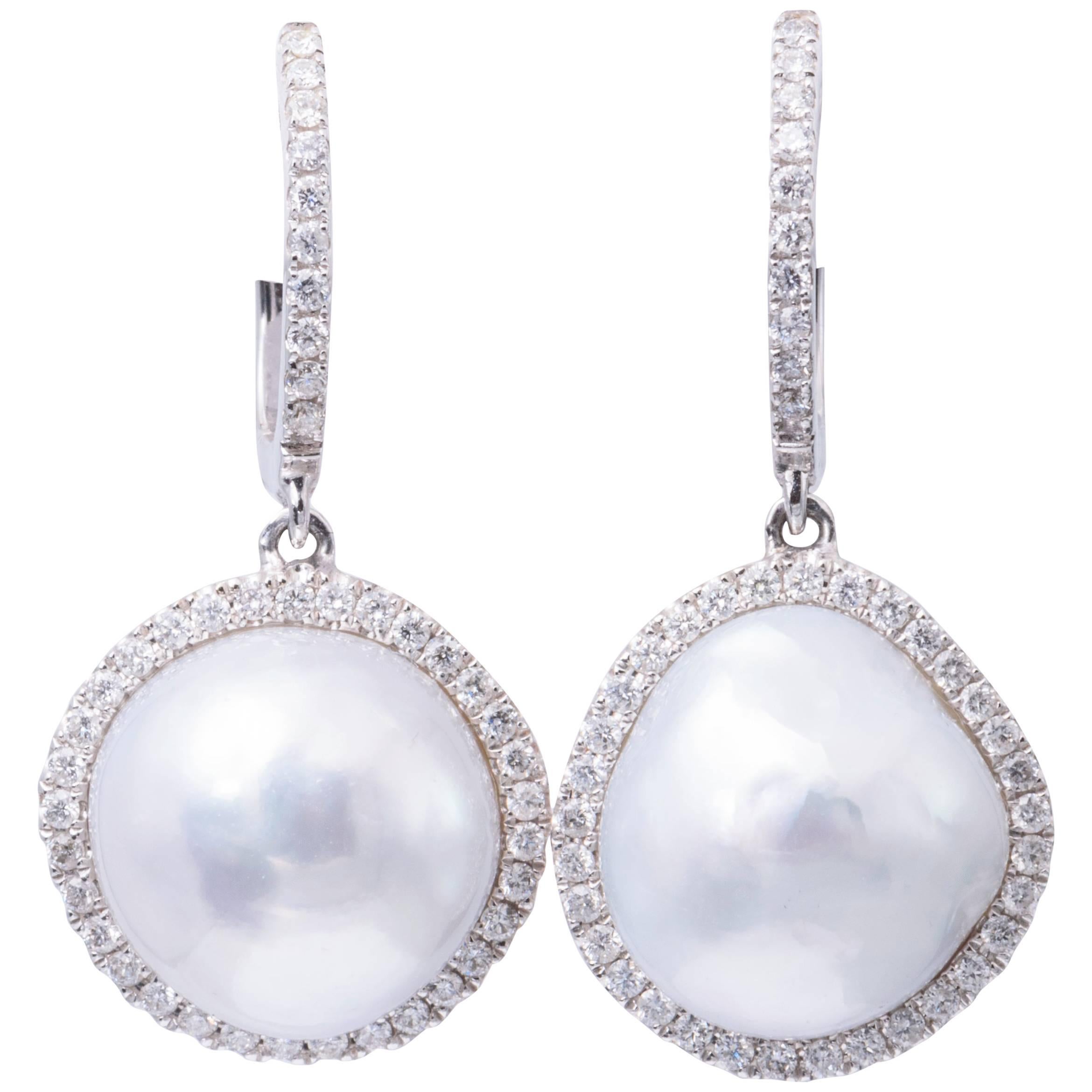 elegant pair of  12-13mm south sea baroque white pearl dangle earring silver 
