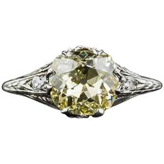 Art Deco Fancy Intense Yellow 2.02 Carat Cushion-Cut Diamond Solitaire Ring
