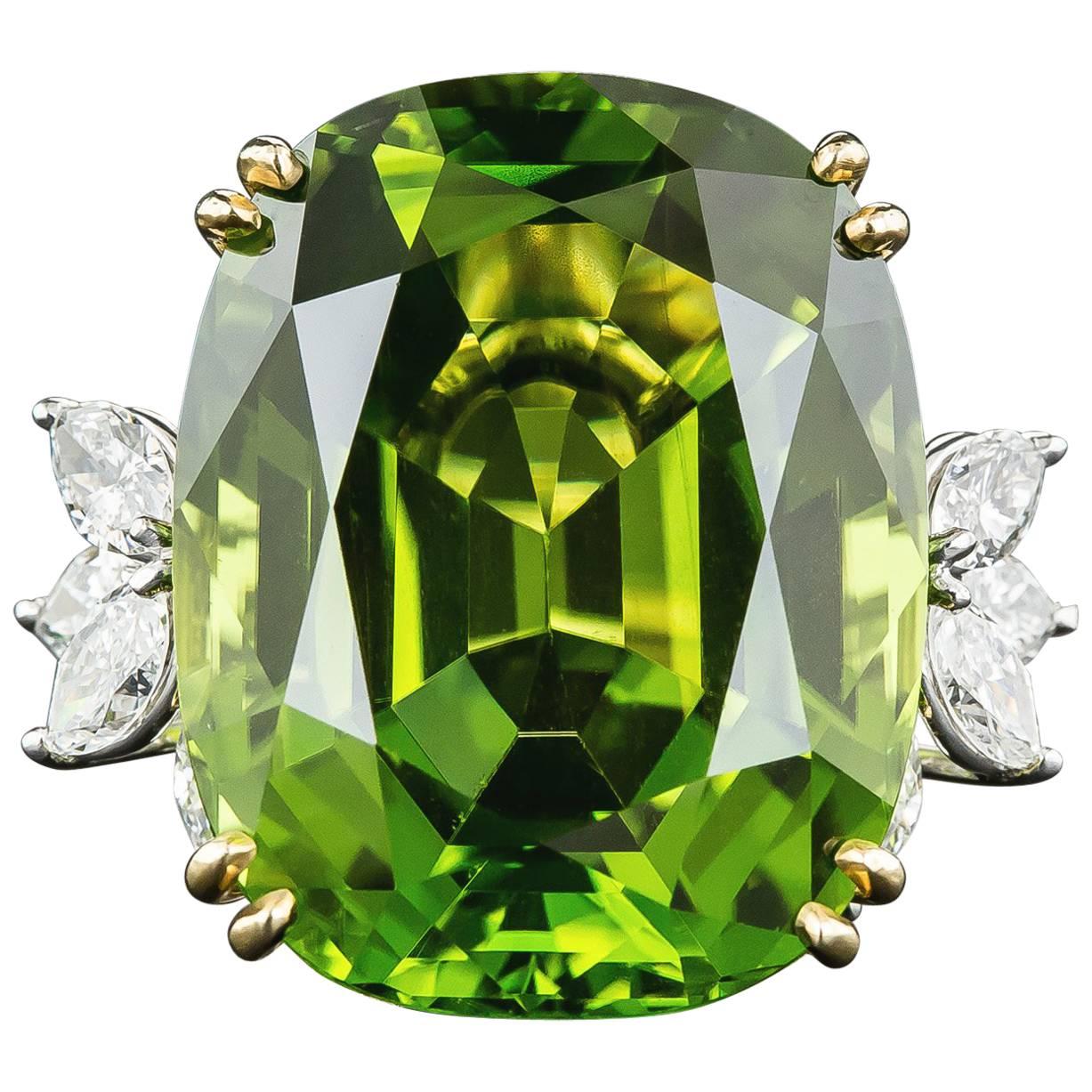 56 Carat Peridot Diamond Platinum Ring For Sale