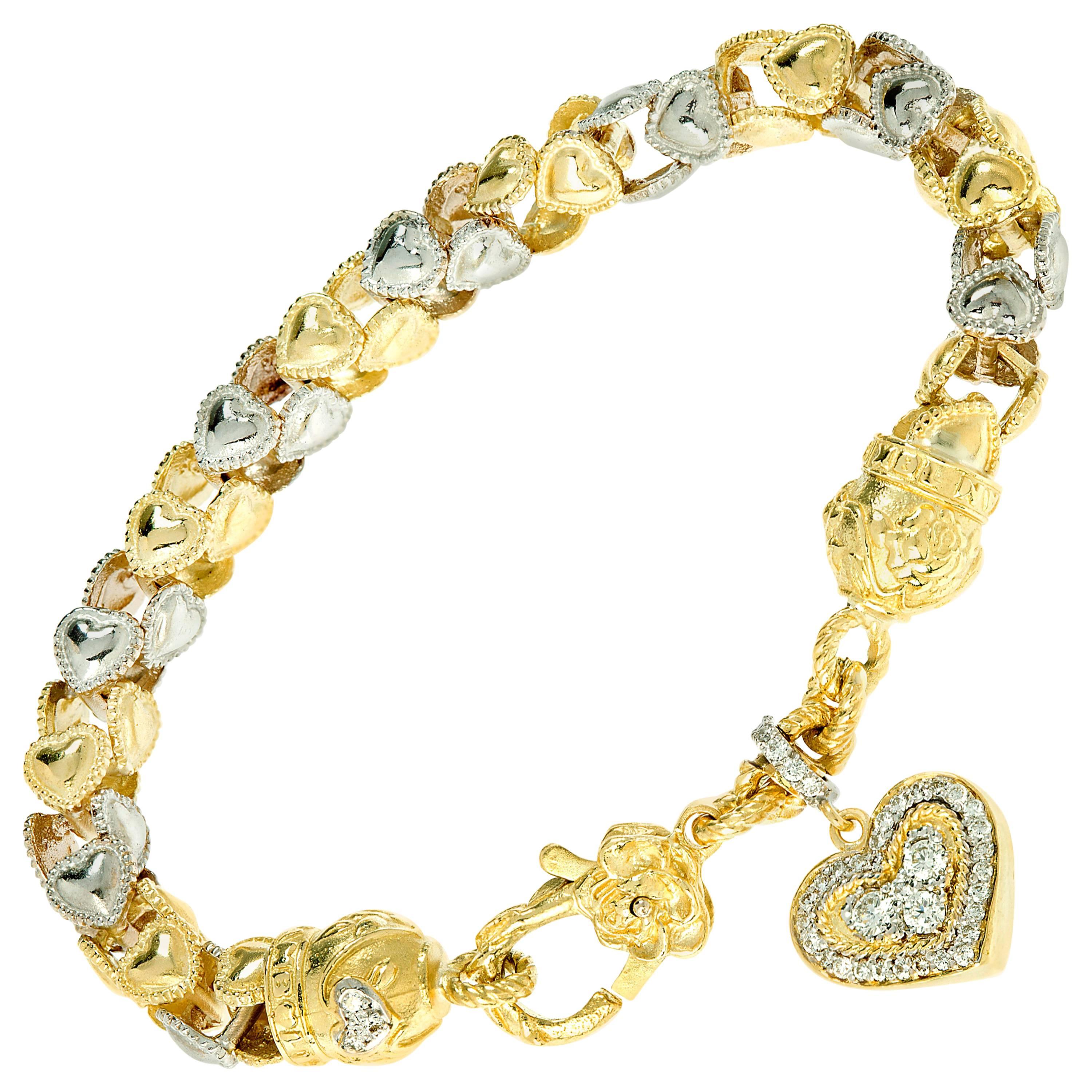 Stambolian Two-Tone Gold Heart Link Bracelet with Dangling Diamond Heart