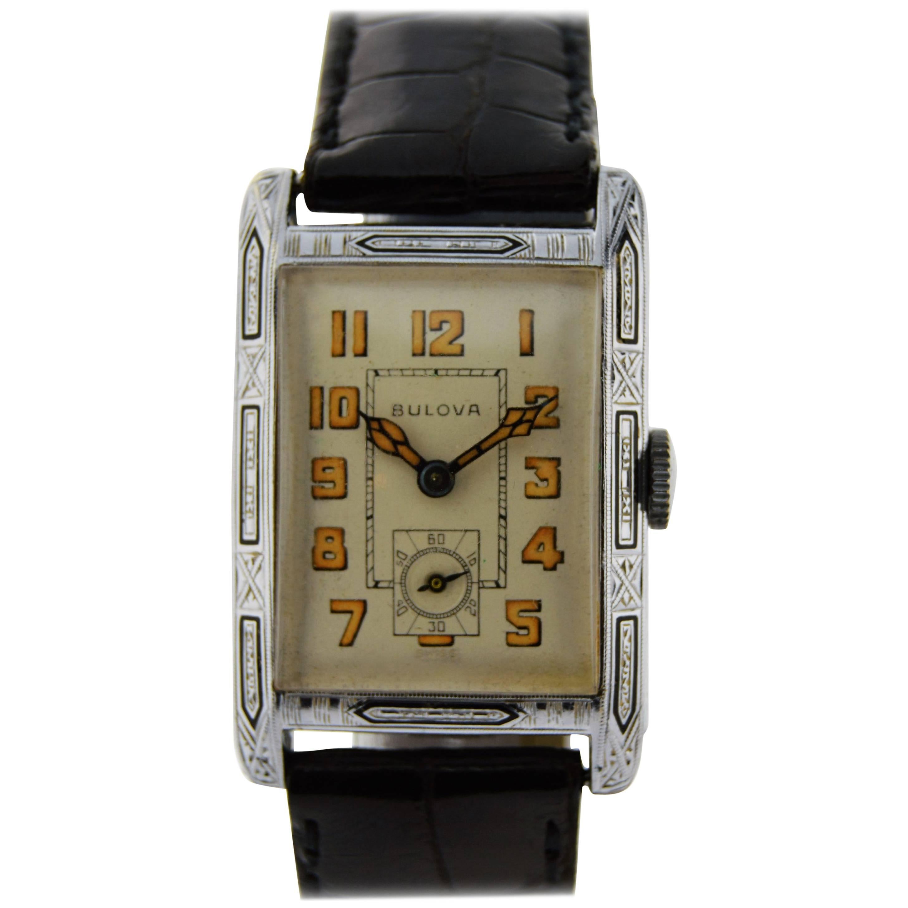 Bulova Solid Gold Enamel Inlaid Art Deco Manual Wristwatch