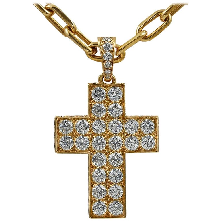 Cartier Diamond Gold Cross Pendant For Sale at 1stdibs