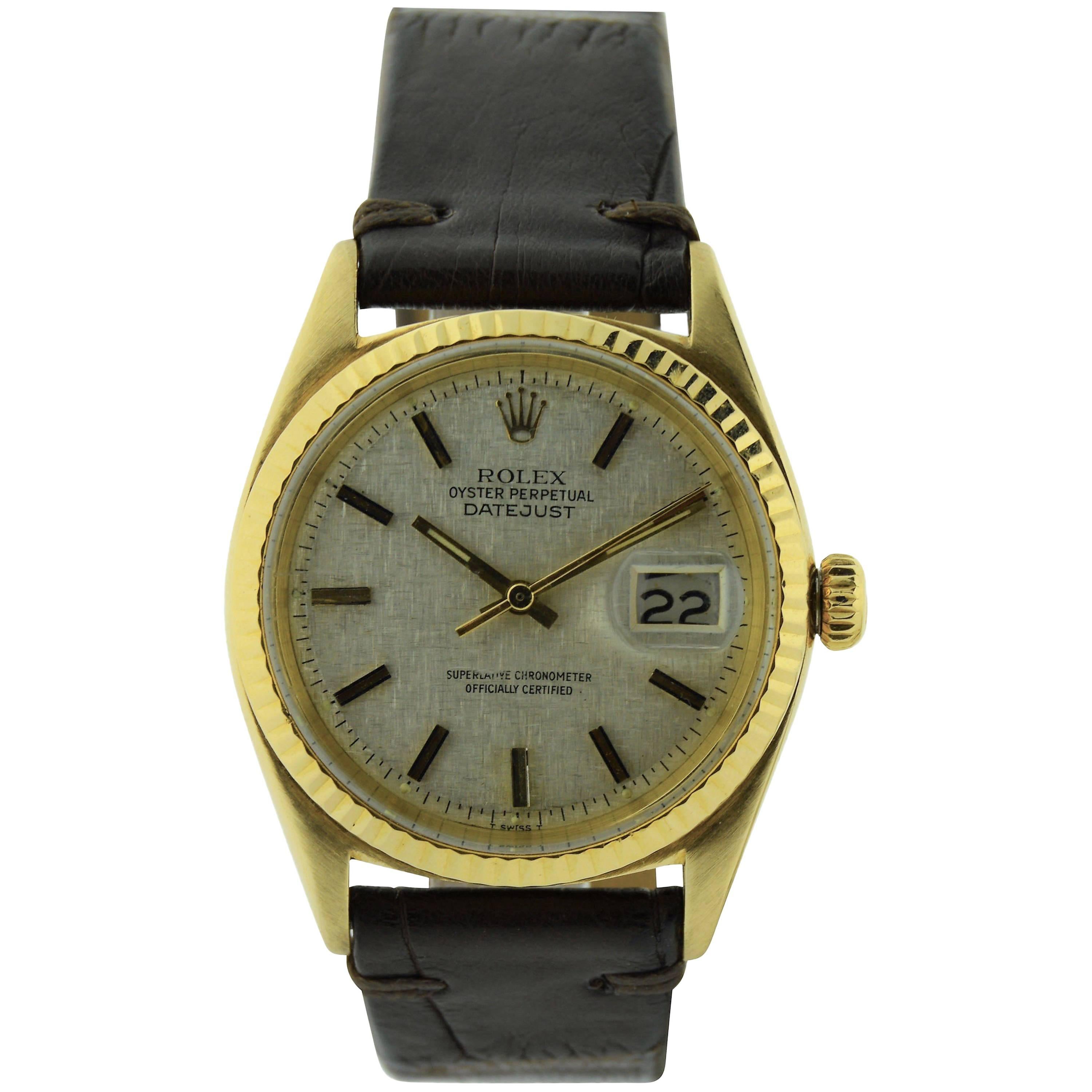 Rolex Yellow Gold Linen Dial Oyster Perpetual Datejust Watch, circa 1960s