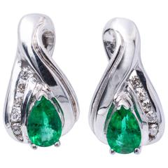 Pear Shape Emerald Diamond White Gold Earrings