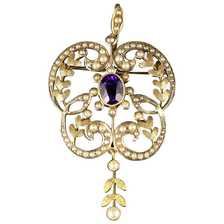 Antique Victorian Amethyst Seed Pearl Brooch Pendant For Sale at 1stdibs