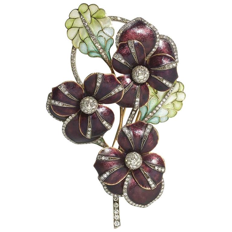 Enamel Diamond Gold Pansy Brooch For Sale