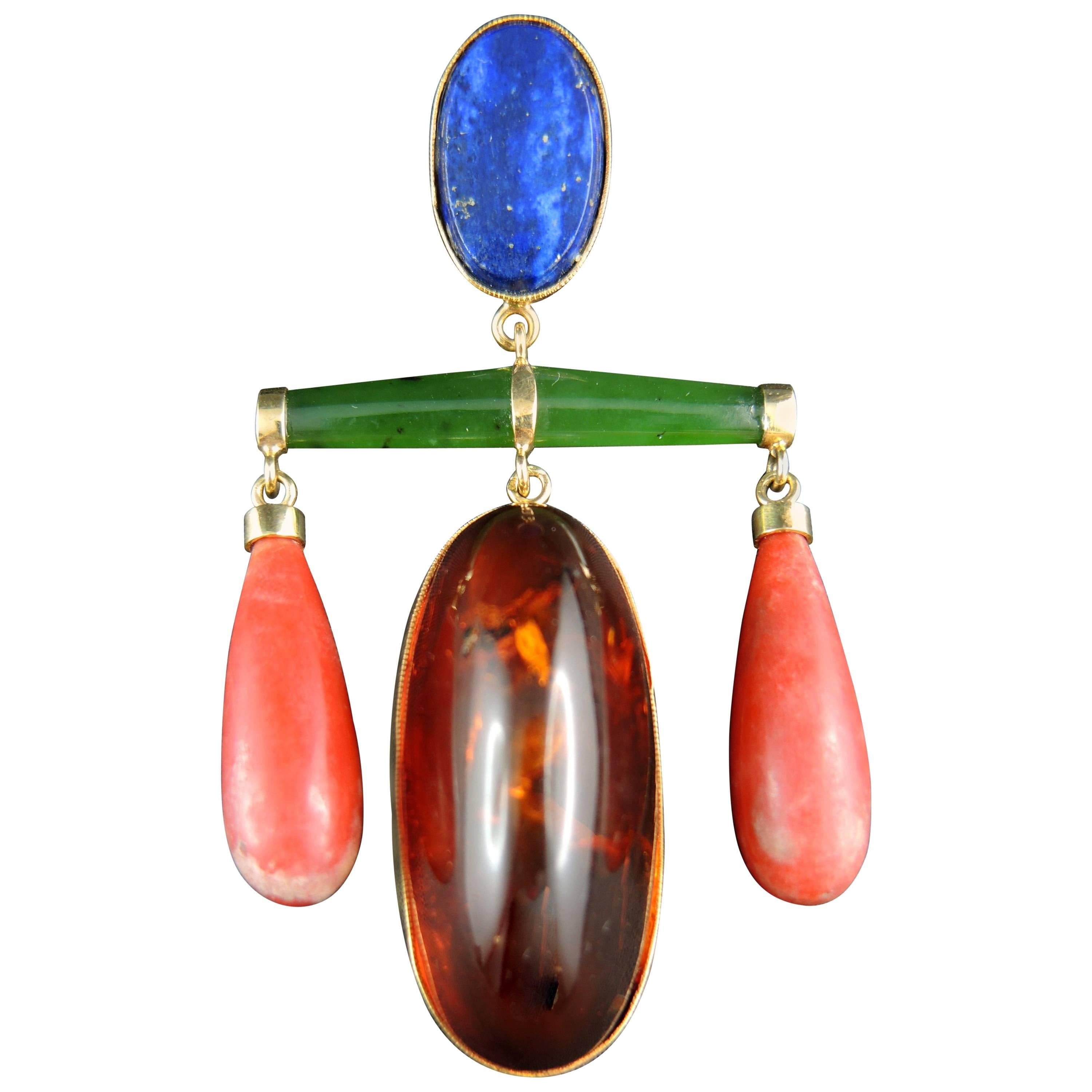 French Modernist Pendant with Lapis Lazuli, Amber, Coral and Jade, circa 1960