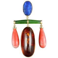 Vintage French Modernist Pendant with Lapis Lazuli, Amber, Coral and Jade, circa 1960