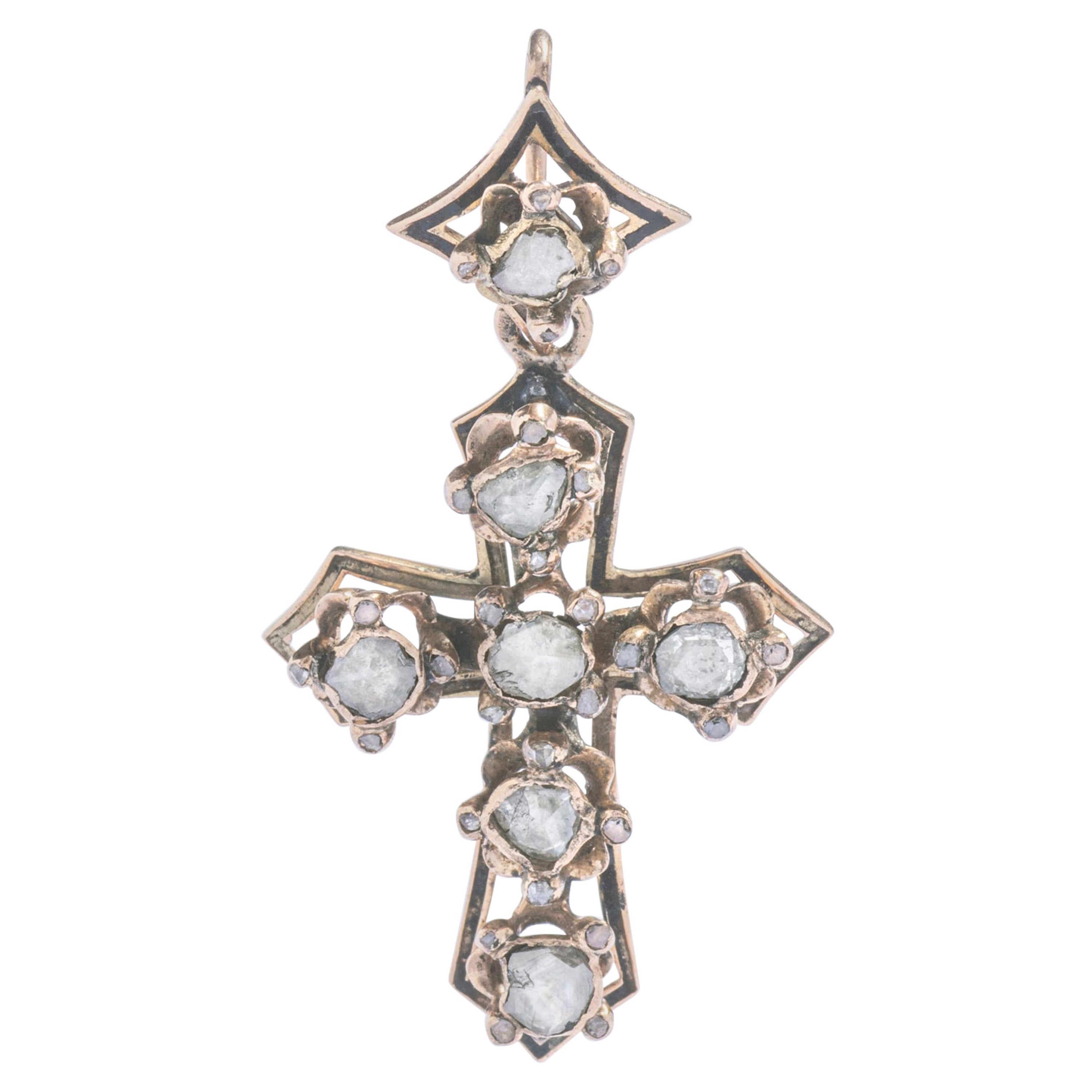 Antique Pendant Cross Rose Cut Diamond Black Lacquer Yellow Gold Earring For Sale