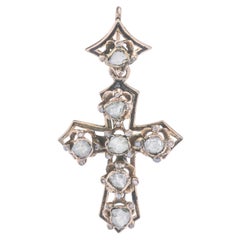 Antique Pendant Cross Rose Cut Diamond Black Lacquer Yellow Gold Earring