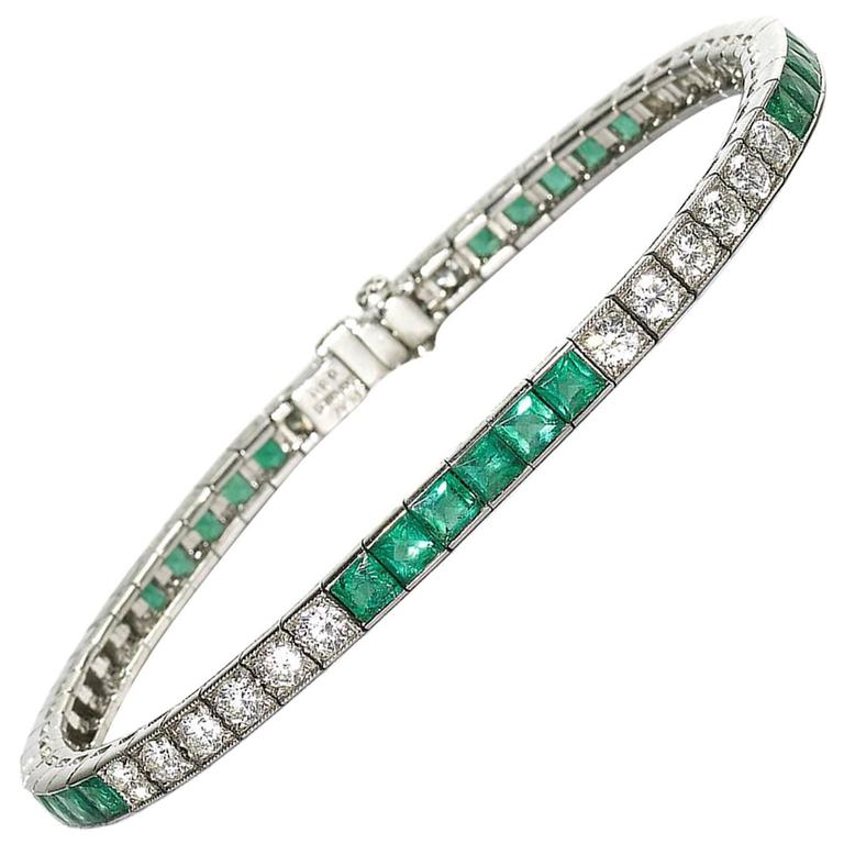 Emerald Diamond Platinum Line Bracelet For Sale at 1stdibs