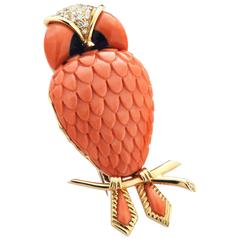 Coral Diamonds Yellow Gold Owl Broach by Ciaravolo in Italy