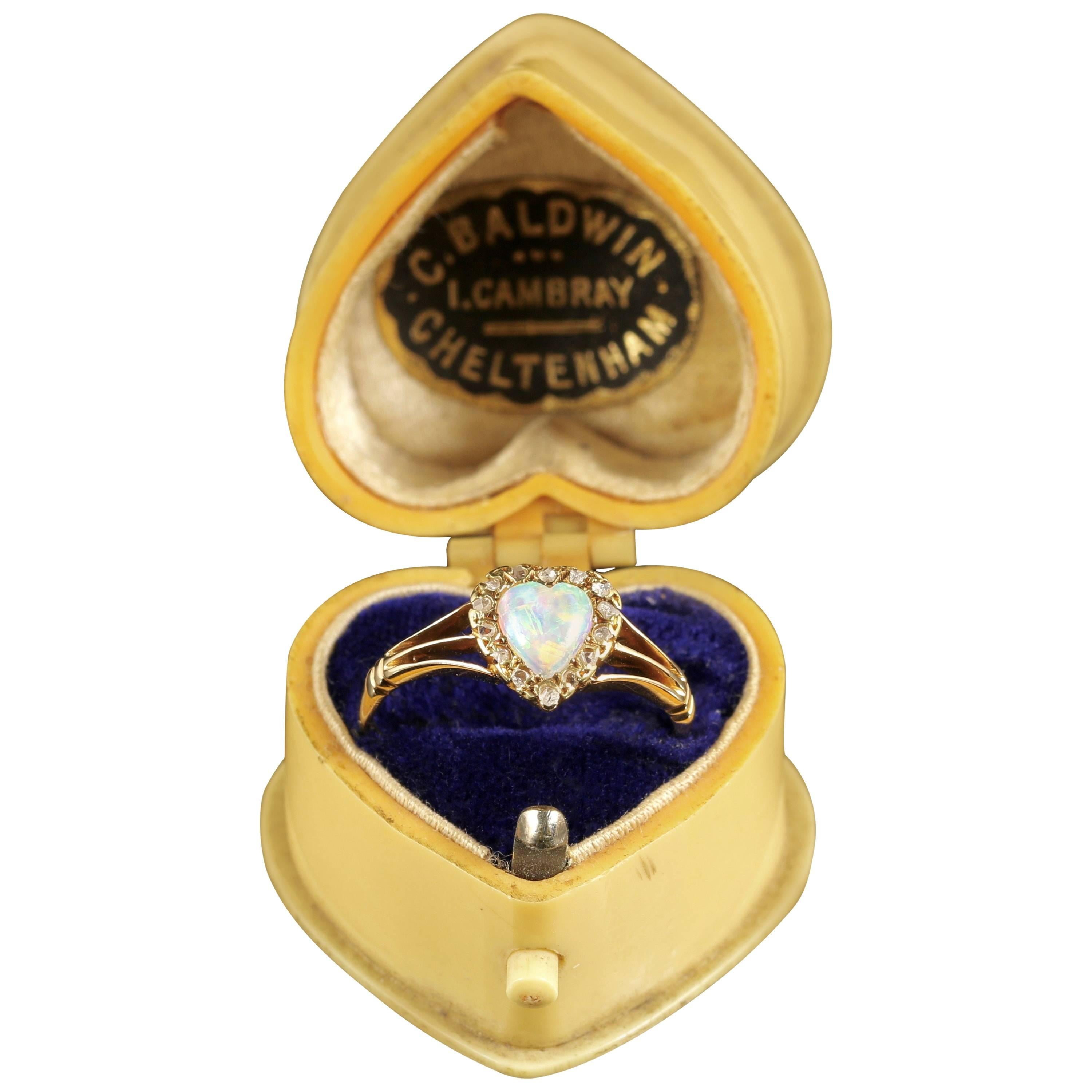 Antique Edwardian Opal Diamond Heart Ring 18 Carat in Original Heart Box, 1908