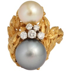 Retro Gilbert Albert South Sea Pearl Diamond Gold Modernist Ring