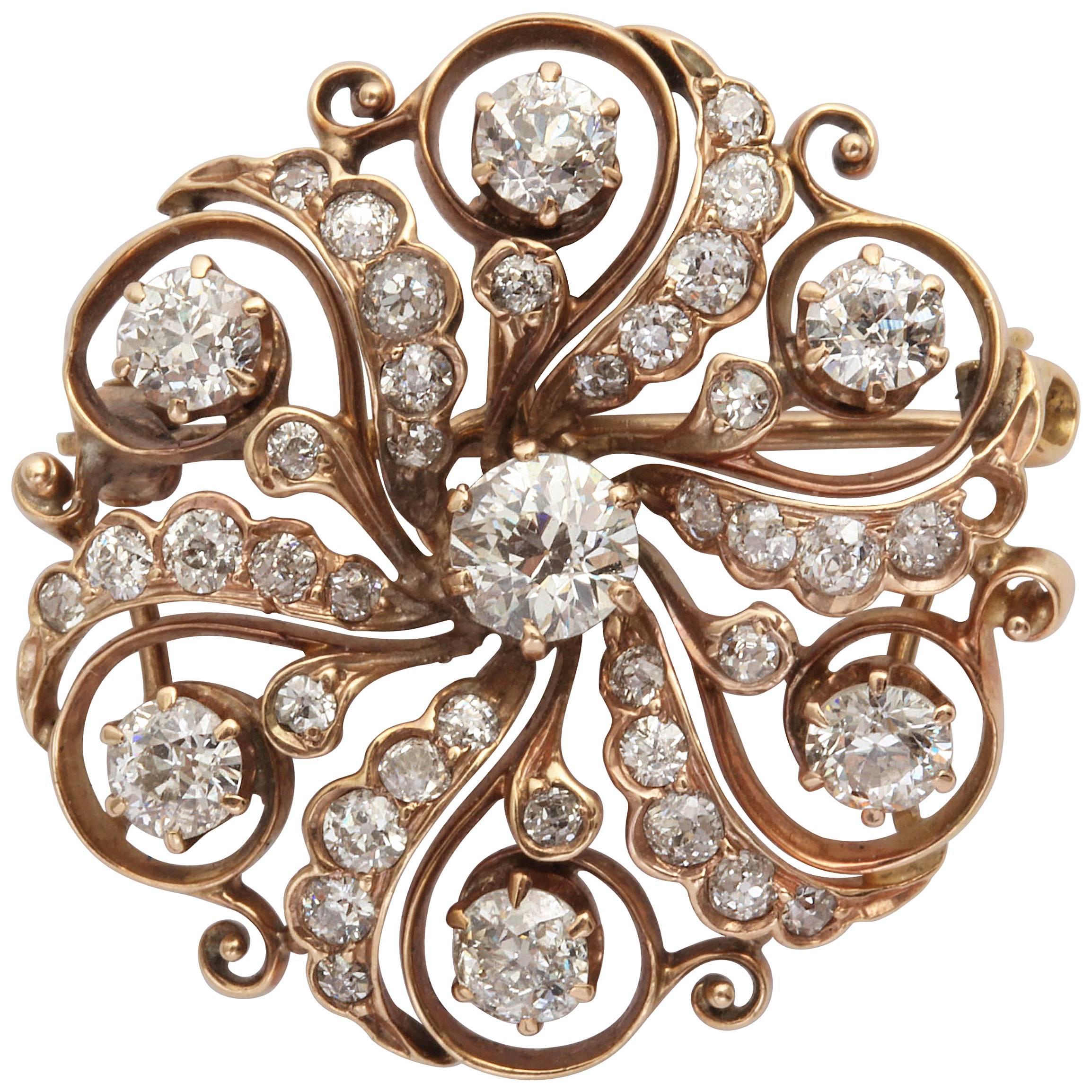 Victorian Diamond and Gold Pinwheel Pendant Brooch