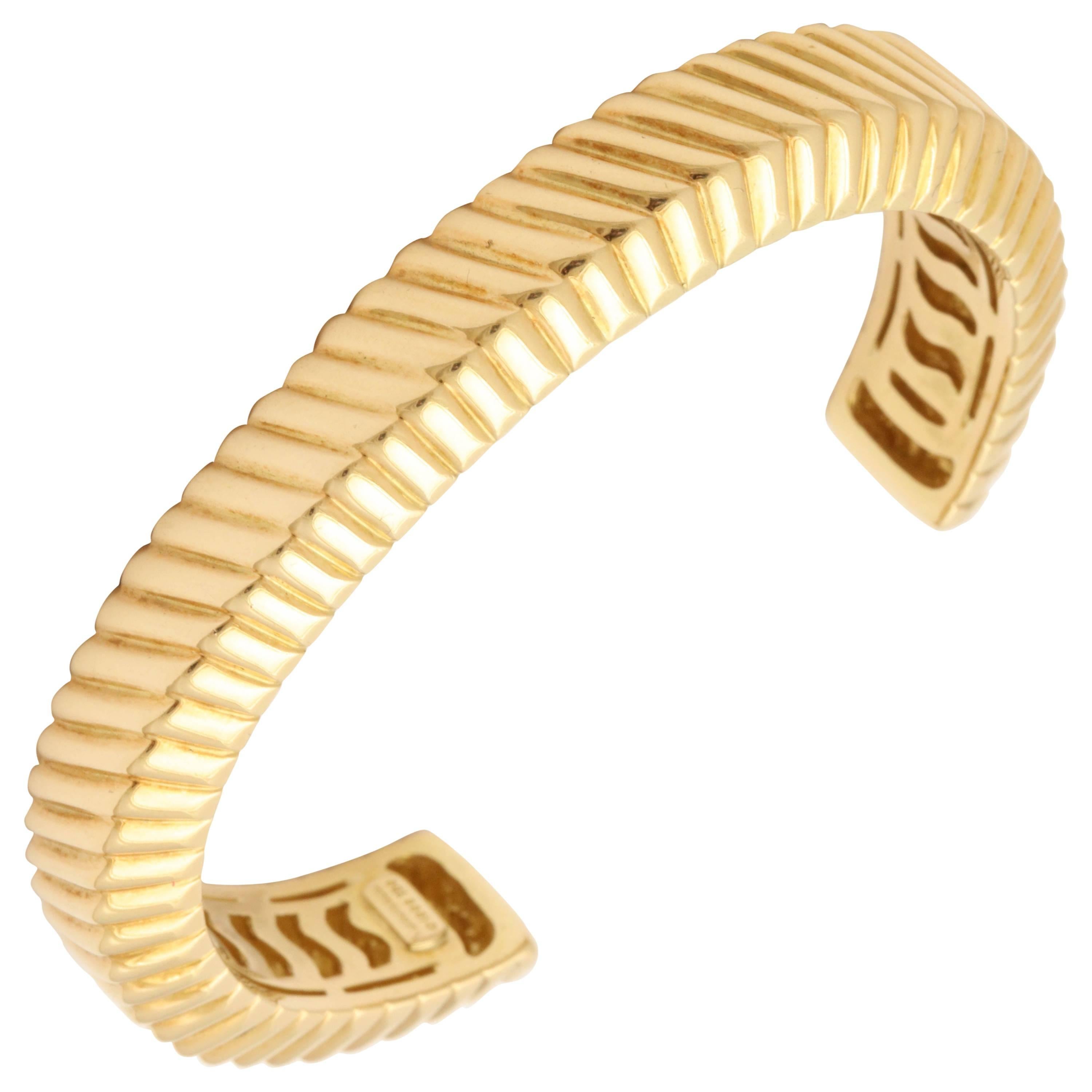 Tiffany & Co. Ridged Textured Open Back Gold Bangle Cuff Bracelet