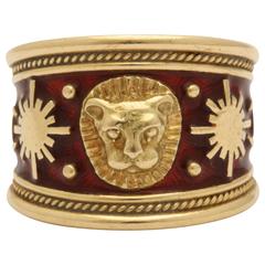 Elizabeth Gage Tapered Red Enamel with Gold Pellets Design Leo Gold Ring