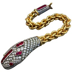 Ourobos Snake Diamond Ruby Gold and Silver Bracelet