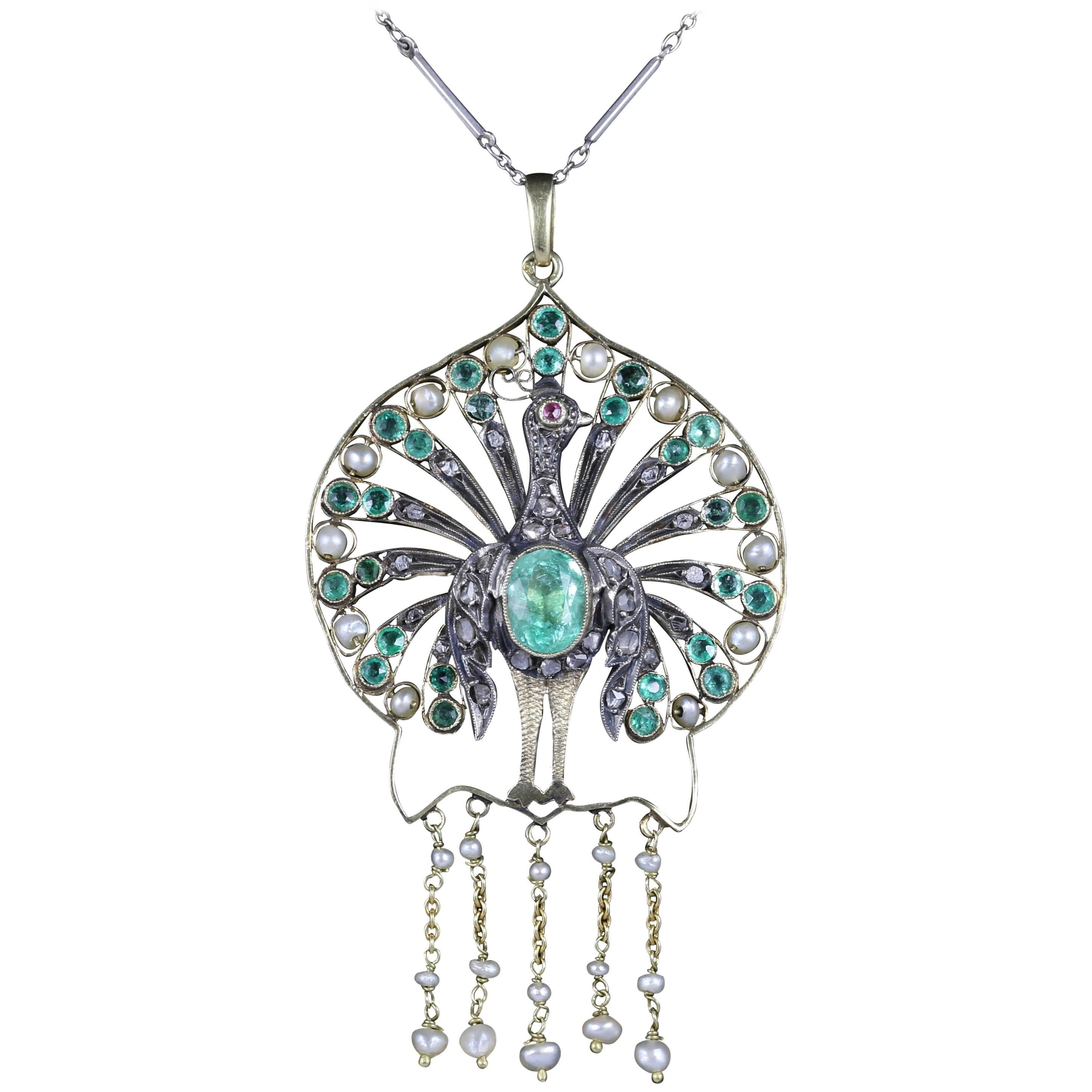 Antique French Victorian Peacock Emerald Pearl Diamond Necklace, circa 1880