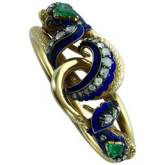 Antique Enamel Emerald Diamond Gold Entwined Snakes Bracelet 4