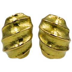 Pair of Hammered Finished Yellow Gold Earrings