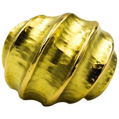 Vintage Hammered Valley High Polished Ridge Finished Yellow Gold Ring