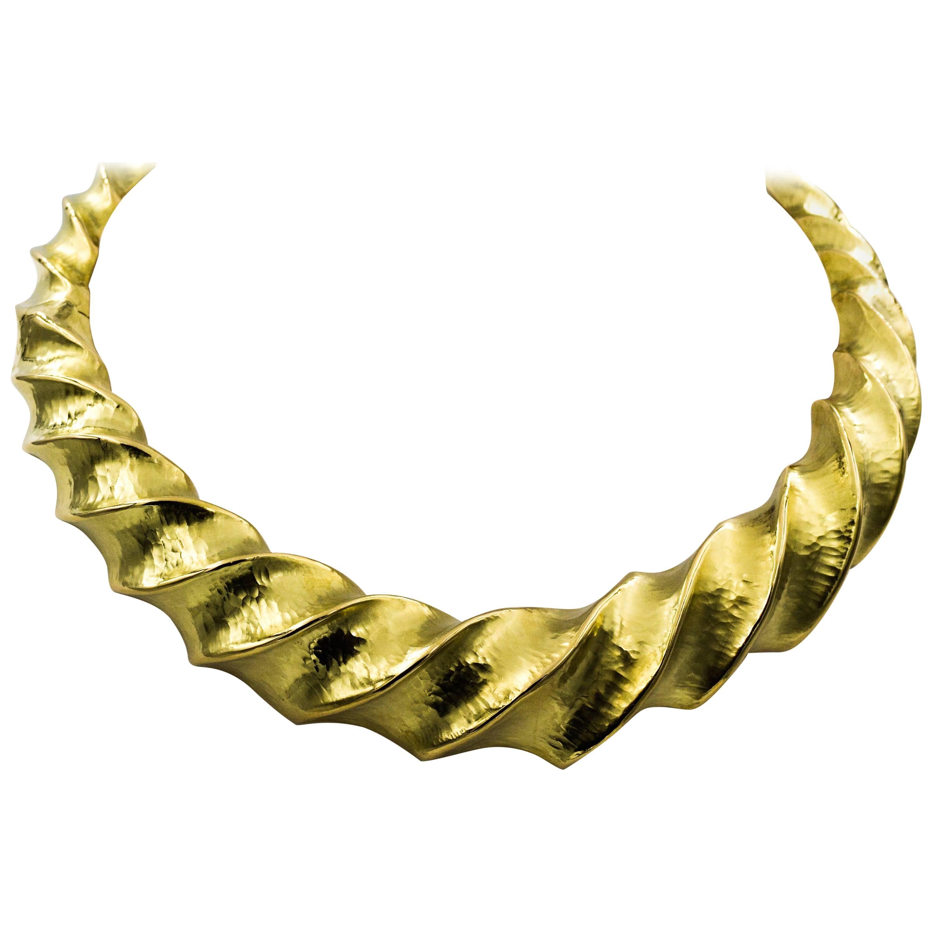 Hammered Finish 18 Karat Yellow Gold Twist Collar Necklace from Eiseman Jewels