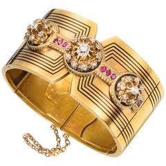 19th Century Antique French Enamel Rubies Diamonds Gold Bangle Bracelet
