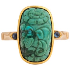 1800s Turquoise Stone Sapphire Cabochons Gold Ring