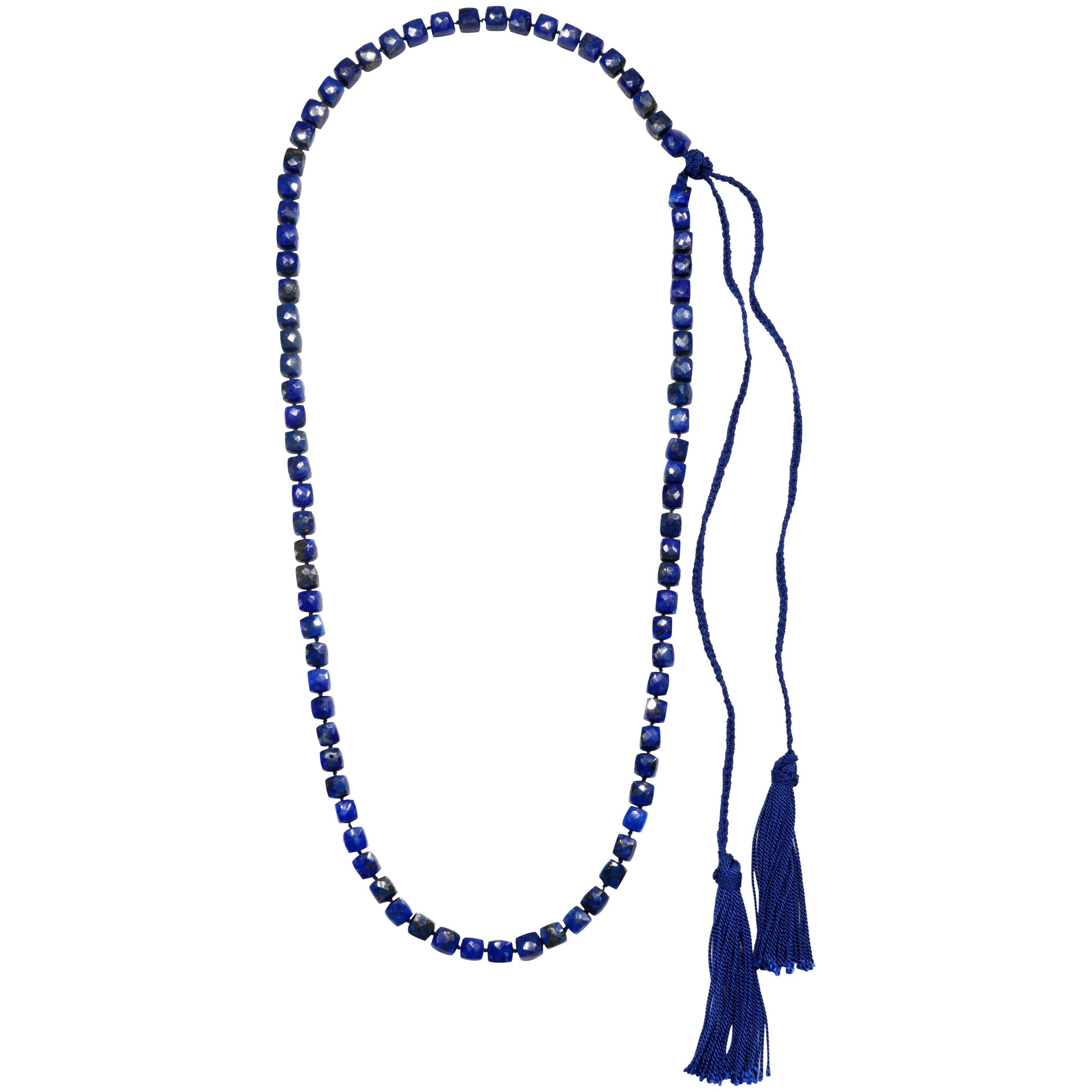 Faye Kim Lapis Lazuli Bead Necklace with Silk Ties For Sale
