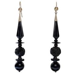Victorian Elongated Carved Whitby Jet Drop Earrings