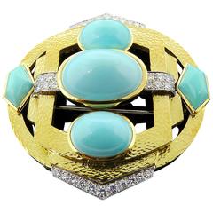 David Webb Turquoise Diamond Gold Platinum Pin 1