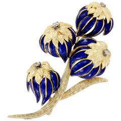 Hammerman Brothers Enameled Diamond Yellow Gold Floral Brooch