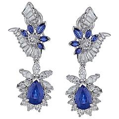 14.47 Carat Blue Sapphire White Diamond Gold Earrings 3