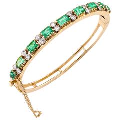 1950s Emerald Diamond Gold Bangle Bracelet