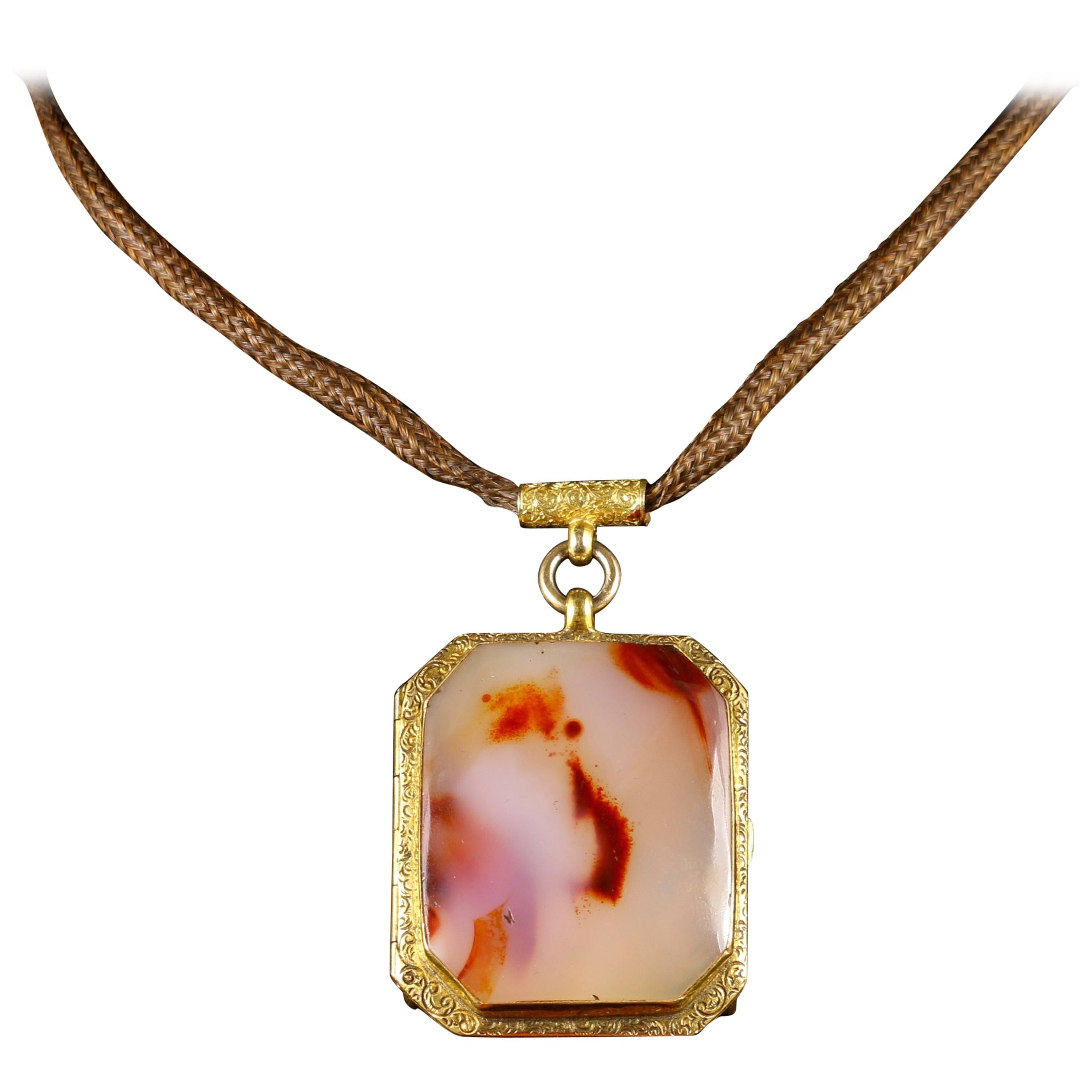 Antique Georgian Agate Locket Vinaigrette Long Mourning Necklace For Sale