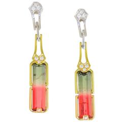 Frederic Sage 5.36 Carat Watermelon Tourmaline Diamond Gold Earrings