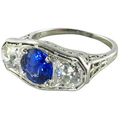 Antique  Art Deco Sapphire Diamond Platinum Trilogy Ring